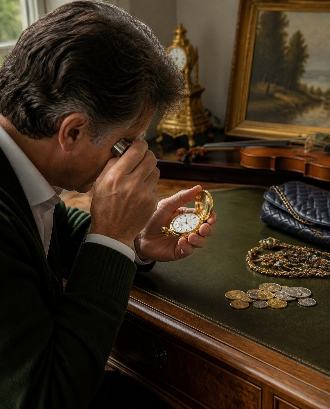 Un expert examine une montre de poche à la loupe, à son bureau, entouré d'une pendule, d'un tableau, d'un violon, d'un sac, de bijoux et de pièces