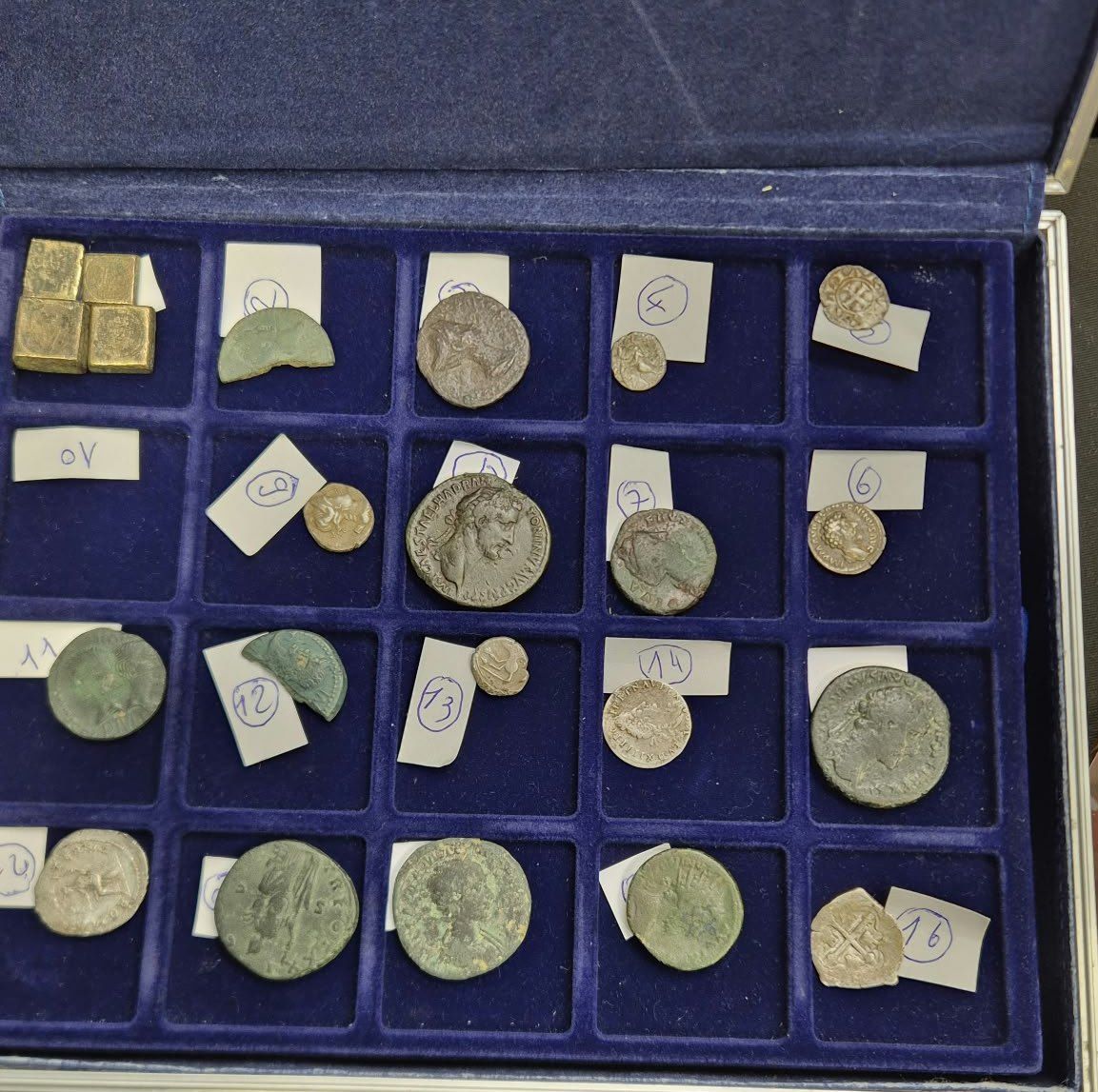 Pièces de monnaie rangées dans un coffret de velours bleu, chacune avec son étiquette