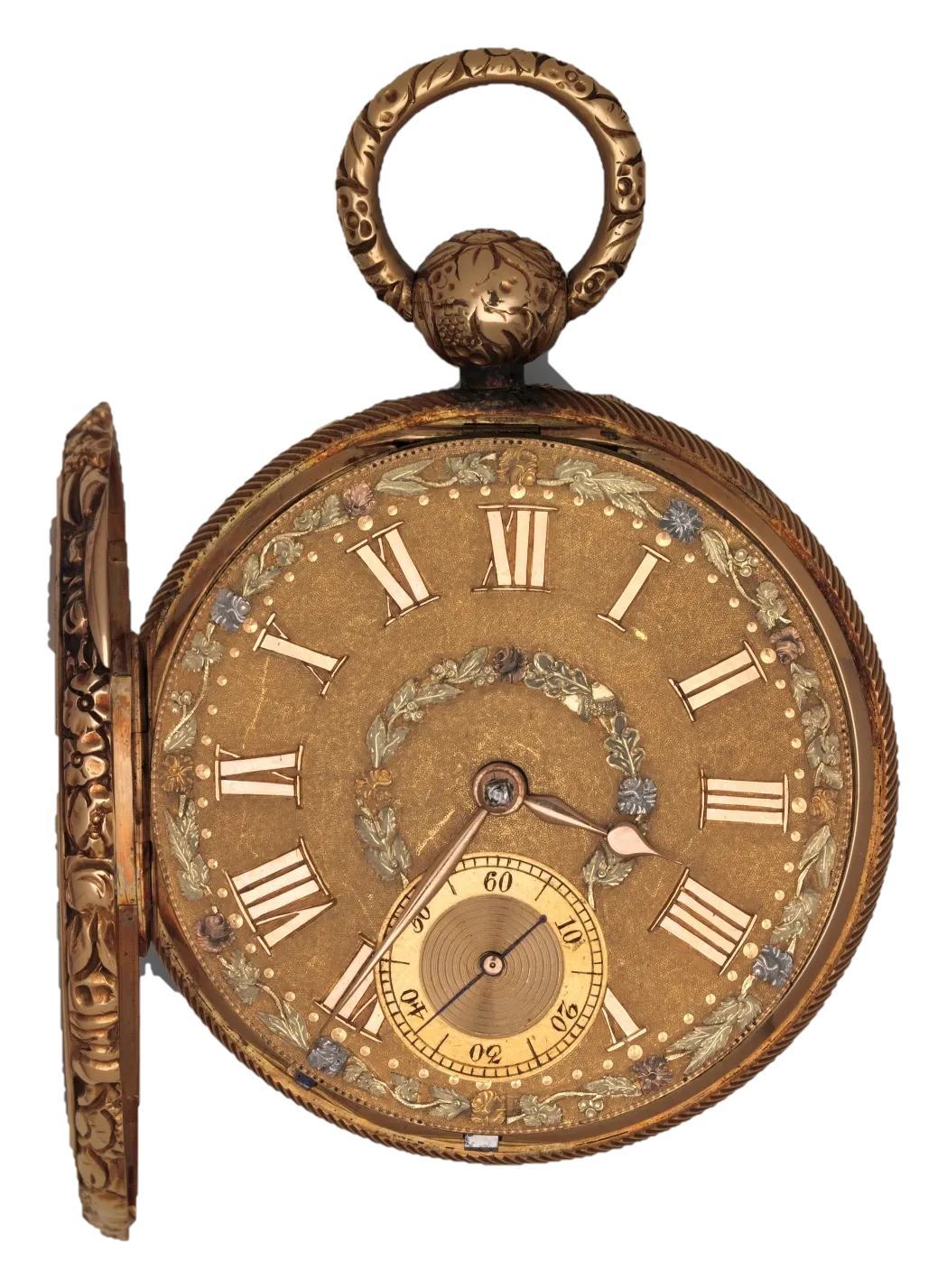 Montre de poche ancienne en or, cadran doré à chiffres romains, couvercle ouvert