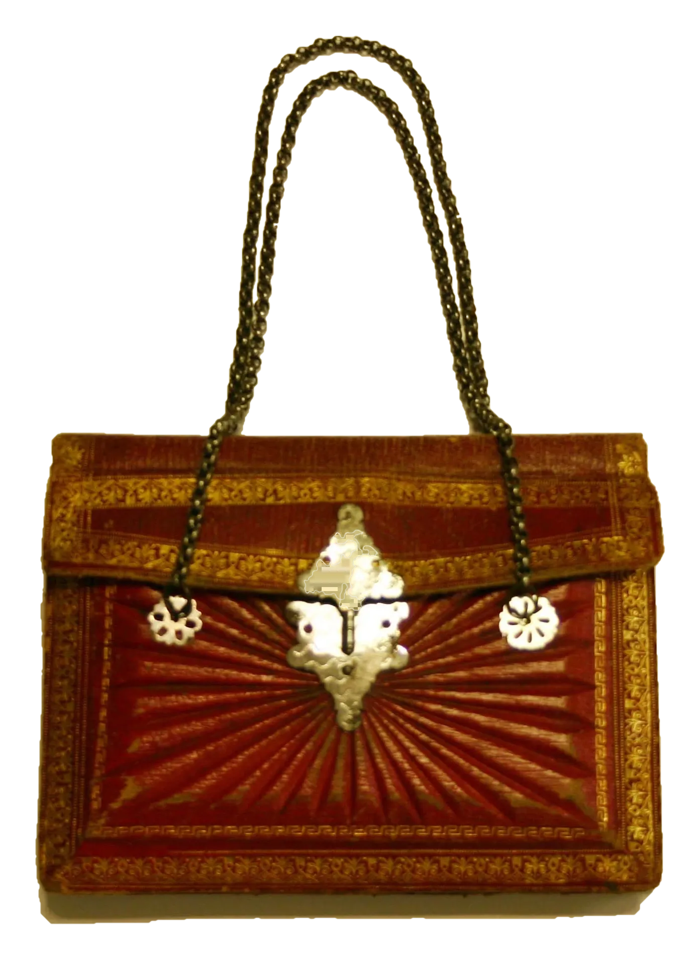 Sac à main ancien en cuir rouge doré au fer, fermoir argenté et anses en chaîne