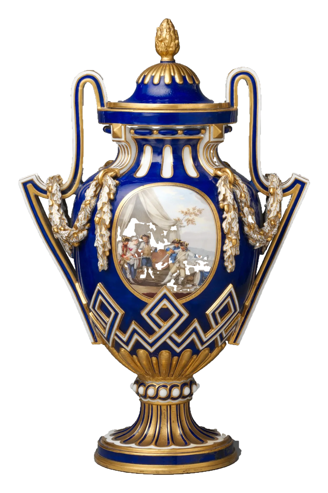 Vase couvert en porcelaine bleu et or à décor peint