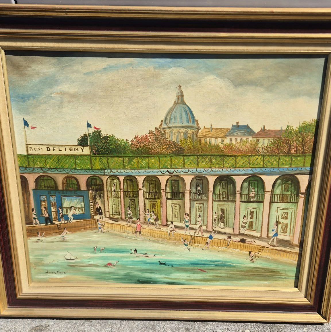 Tableau encadré représentant les bains Deligny à Paris, nageurs et dôme à l'arrière-plan