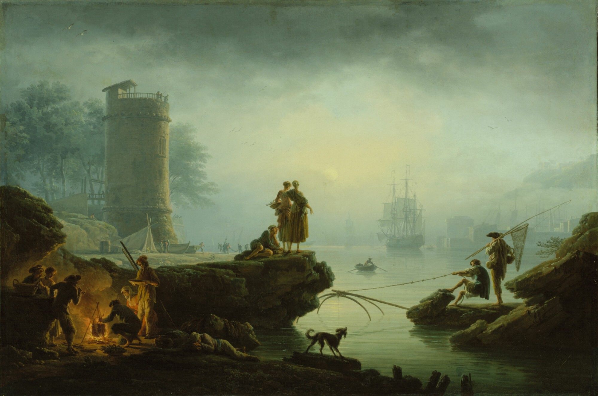 Paysage peint d'un port au lever du jour, pêcheurs au premier plan