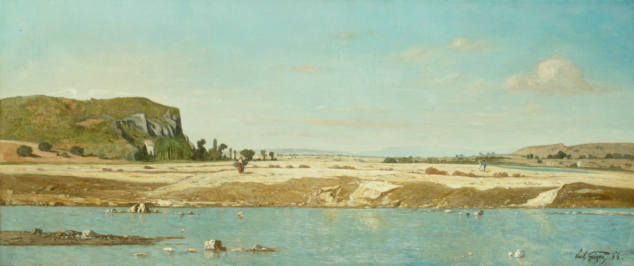 Paysage peint des bords de la Durance, ciel clair et rive sableuse
